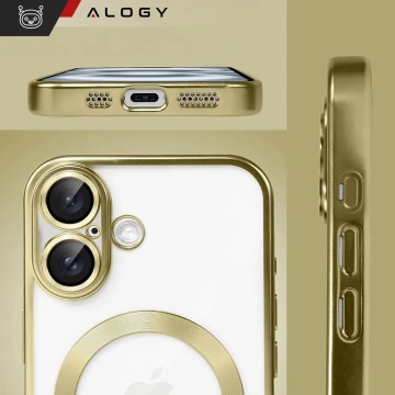 Etui Case MagSafe Case do iPhone 16 Plus Glamour Luxury obudowa Slim Ring Alogy złote przezroczyste + szkło hartowane