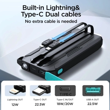Joyroom 10000 mAh 22,5 W Powerbank mit USB-C- und Lightning-Kabel Schwarz