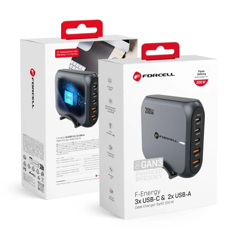 Forcell GaN III Desktop-Ladegerät 200 W 3 x USB-C 2 x USB-A PD QC SFC