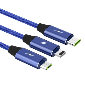 Kabel 3w1 USB-C micro USB Lightning szybkie ładowanie SOMOSTEL SMS-BW03 QC3.0 Quick Charge 2.1A 10W 1.2 m Powerline Niebieski