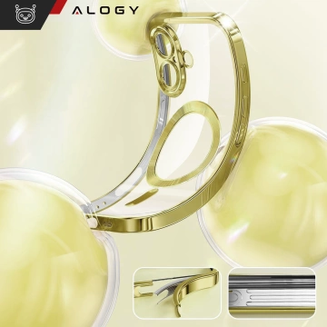 Etui Case MagSafe Case do iPhone 16 Plus Glamour Luxury obudowa Slim Ring Alogy złote przezroczyste + szkło hartowane