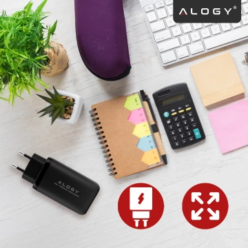 Alogy GaNCharge Kompaktes 3-in-1-Wandladegerät, schnelles Laden, GaN3, 65 W, USB-A, 30 W, 2 x USB-C, 65 W, Schwarz