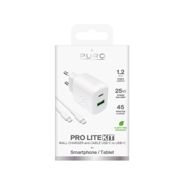 Puro PROLITE 25W USB-A/USB-C Wandladegerät, USB-C Kabel 1,2m - weiß