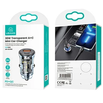 USAMS Ładowarka samochodowa 1xUSB+1xUSB-C C32 30W Fast Charge niebieski/blue CC164CC02 (US-CC164)