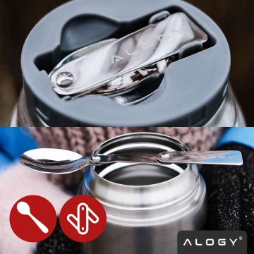 Termos pojemnik obiadowy na jedzenie żywność zupę lód  dla dzieci 700ml Alogy ze stali nierdzewnej + składana łyżeczka termiczny szary