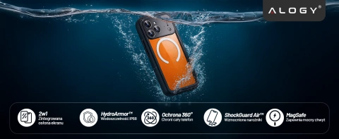 Etui Wodoodporne do Apple iPhone 17 Pro Max 6,9", Pancerna Obudowa 360° z Przezroczystym Tyłem, Kompatybilna z MagSafe, Alogy HydroArmor™ IP68 Case – Czarne