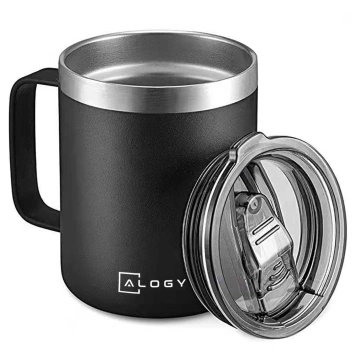 Thermobecher 420 ml mit Henkel und Deckel für Kaffee, Tee, Stahl, Kalt- und Heißgetränke, Alogy Black
