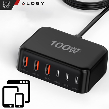 Ładowarka sieciowa 6w1 Super Szybkie Ładowanie 100W GaN 3x USB 3x USB-C Alogy Super Quick Charger Czarna