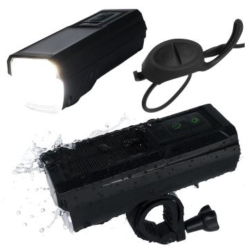 LED-Fahrradfrontlicht mit Solarpanel und Hupe, superhell (1000 lm, 4400 mAh), wasserdicht, schwarz