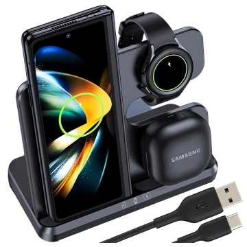 Kabelloses induktives Ladegerät 3in1 Qi 3.0 Fast für Samsung S22 S23 S24 Galaxy Watch Buds Station schwarz