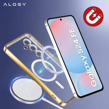Etui do Samsung Galaxy S24 FE Alogy LuxeShield™️ Glamour Luxury Ring obudowa do MagSafe z osłoną aparatów Złote + szkło hartowane