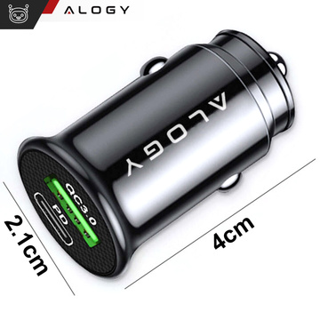 Ładowarka samochodowa 38W USB QC 3.0 18W + USB-C C PD 20W szybka mocna do telefonu Alogy Car czarna + Kabel USB-C 1m