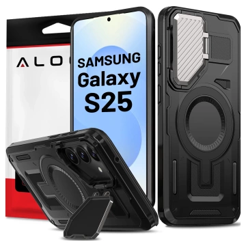 Etui do Samsung Galaxy S25 Case do MagSafe Wzmocniona Pancerna ochrona obiektywów z podstawką obudowa ochronna na telefon Alogy HeavyDuty Mag™️ + Szkło hartowane 