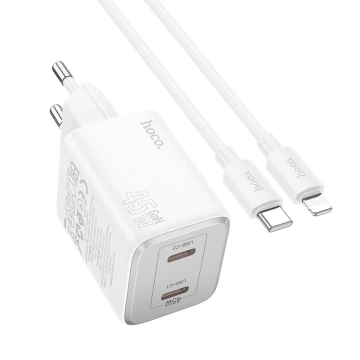 Ładowarka sieciowa HOCO 2 x Typ C + kabel Typ C do Lightning PD QC 45W GaN Biała