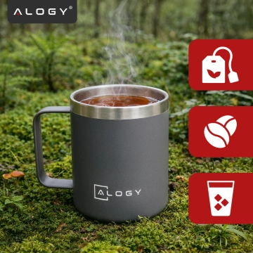 Kubek termiczny 420ml z uchwytem pokrywką na kawę herbatę stalowy zimne i ciepłe napoje Alogy Szary