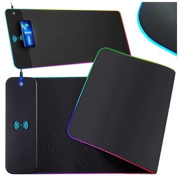 Alogy QiGlow Pro Schreibtischunterlage mit RGB-LED-Beleuchtung für Maus, Tastatur und Qi-Ladegerät für Smartphones. Rutschfeste, schützende Gaming-Matte XL (80 x 30 cm), Schwarz.