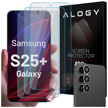 3x Displayschutzglas aus gehärtetem Glas für Samsung Galaxy S25 Plus, Schutzglas für Bildschirm und Kamera, 9H Alogy GlassGuard Pack™️ Schutzglas-Set