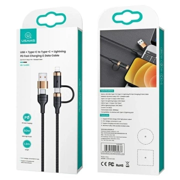 USAMS Kabel pleciony U62 2xUSB-C/USB-A /lightning 1,2m PD Fast Charge czarny