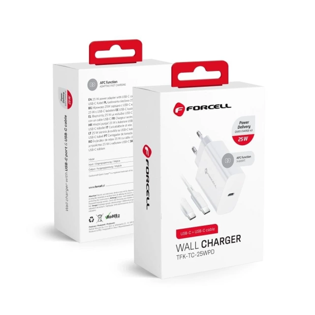 Szybka Ładowarka Forcell 25W PD QC 4.0 USB-C + kabel USB C do USB C biała