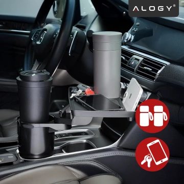 Uchwyt Samochodowy na Kubek i Butelkę Telefon z Obrotowym Stoliczkiem 360°, Mobilny Organizer 2w1, Alogy MultiUse Tray™ – Czarny