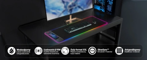 Podkładka na biurko z oświetleniem LED RGB pod myszkę mysz klawiaturę z ładowarką Qi do telefonu Alogy QiGlow Pro Mata ochronna antypoślizgowa gamingowa XL 80x30 cm Czarna