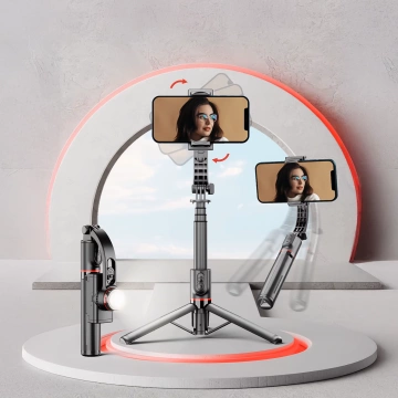 Gimbal stabilny Statyw z pilotem Bluetooth Selfie Stick Lampą LED oświetleniem obrotowy 360° 70cm Techsuit L19s Czarny