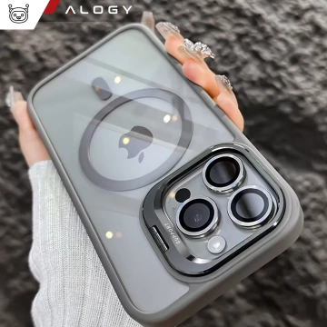 Etui hybrydowe ochronne do Apple iPhone 16 Pro Max Alogy KickStand Hybrid Case z podpórką do MagSafe Szare + szkło hartowane