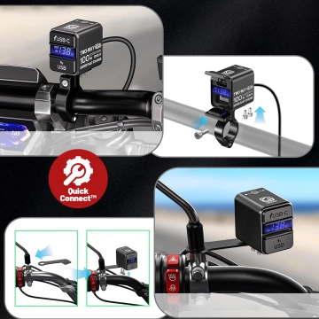 Ładowarka Motocyklowa Kewig, Uniwersalna Aluminiowa 100W, Dwukierunkowa z Woltomierzem, Szybkie Ładowanie USB-A i USB-C, Inteligentna i Wodoodporna – Czarna