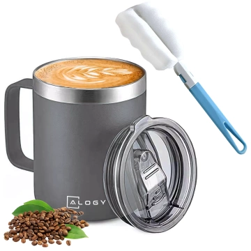 Kubek termiczny 420ml z uchwytem pokrywką na kawę herbatę stalowy zimne i ciepłe napoje Alogy Szary + Szczotka do mycia