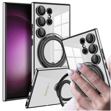 Hülle für Samsung Galaxy S24 Ultra Magnetische Hülle Ring Mag Safe Klarer Halter Magnet Alogy Schwarz Klares Glas