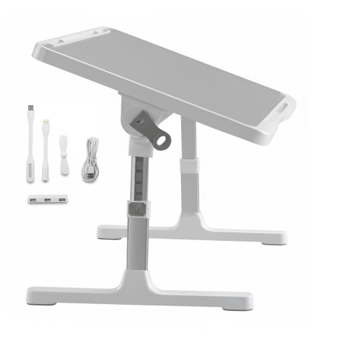 Stolik składany regulowany 60×35 cm – biurko na laptopa z szufladą i portem USB, składane nogi, stabilna konstrukcja do pracy i nauki – Alogy FoldDesk™