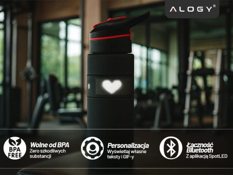 Butelka Bidon na Napoje LED, Inteligentna z Wyświetlaczem i Łącznością Bluetooth, Słomka, Motywacyjna, Wielokrotnego Użytku, Alogy FitBottle™ 800ml - Czarna