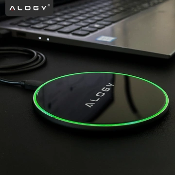 QI kabelloses induktives Ladegerät 15 W schnelle LED Alogy rund für iPhone USB-C-Kabel Schwarz