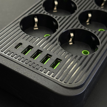 Verlängerungskabel Steckdosenleiste 6 Steckdosen AC EU-Steckdosen 4x USB USB-C Typ C-Steckdosen 2500 W Schwarz