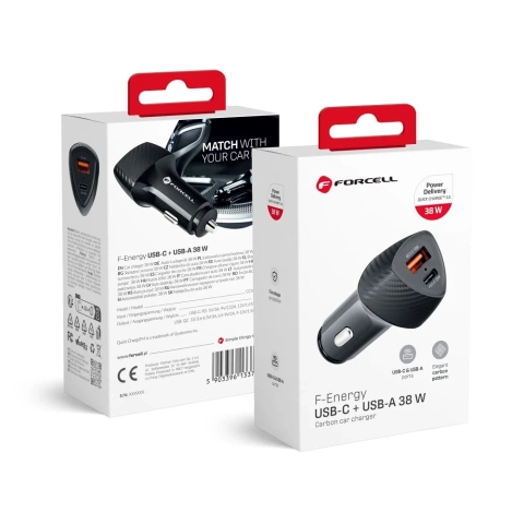 Ładowarka samochodowa Forcell Carbon 38W PD QC USB-C + USB 2x Szybka