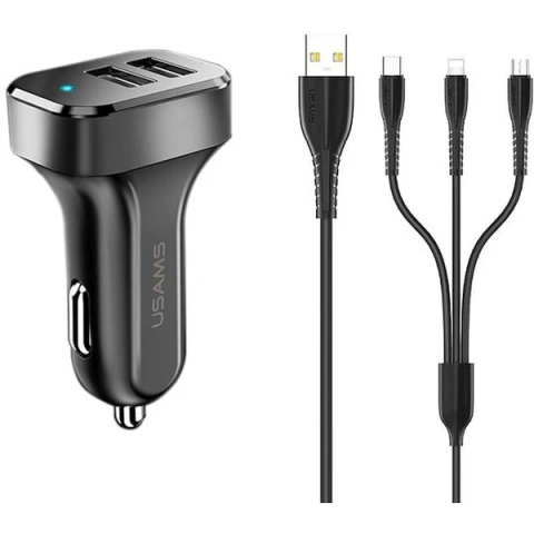 USAMS Ładowarka samochodowa 2xUSB C13 2,1A 3w1 (microUSB/USB-C/lightning) czarny/black NTU35YTSC13TZ
