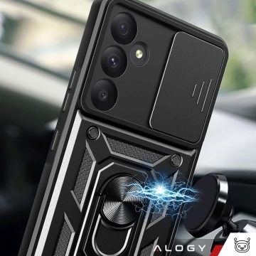 Schutzhülle für Samsung Galaxy S25, gepanzertes Slide Case mit Ringmechanismus, Kameraschutz, Camshield Alogy, schwarzes Glas