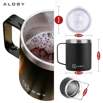 Thermobecher 420 ml mit Henkel und Deckel für Kaffee, Tee, Stahl, Kalt- und Heißgetränke, Alogy Black