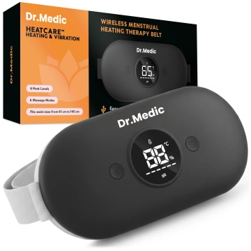 Pas Grzejący z Masażerem na okres i plecy - przeciwbólowy, ciepło + wibracje, 6 poziomów intensywności, akumulator 1800 mAh - Dr.Medic ThermoPulse™ Czarny