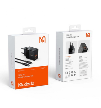 Ładowarka sieciowa Mcdodo CH-1952 USB + USB-C, 20W + kabel USB-C do Lightning (czarna)