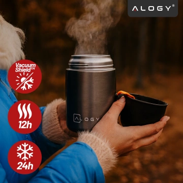 Termos pojemnik obiadowy na jedzenie żywność zupę lód  dla dzieci 700ml Alogy ze stali nierdzewnej + składana łyżeczka termiczny szary
