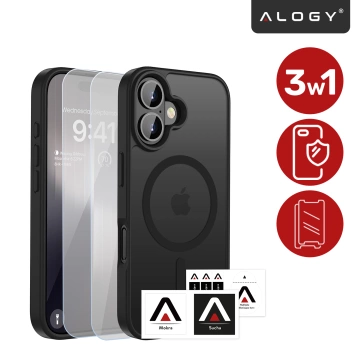 Zestaw 3w1 Etui Hybrydowe MagSafe + 2x Szkło Hartowane do Apple iPhone 17, Wzmocniona Ochrona, Odporne i Precyzyjnie Dopasowane, Alogy 3in1 Case Pack™ – Czarne