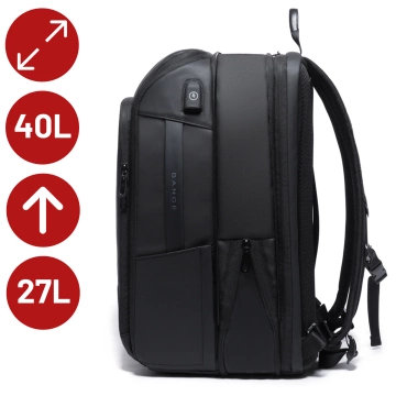Plecak wodoodporny Bange na laptopa 15.6" miejski podróżny 49x31x18 cm powiększany do pracy samolotu męski damski z gniazdem USB Czarny