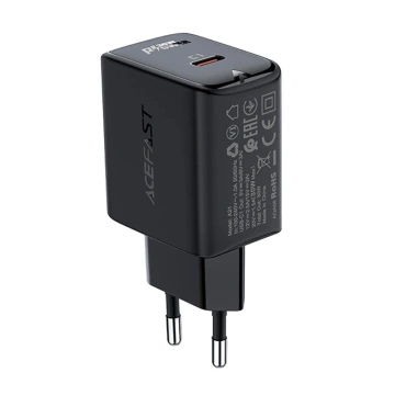 Acefast GaN 30W USB-C PD QC 3.0 Wandladegerät Schwarz Schwarz