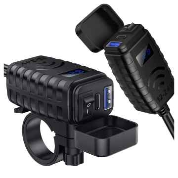 Alogy MotoCharge Pro™ Motorradladegerät mit Display, 36 W PD QC 3.0 Schnellladung, USB-A- und USB-C-Anschlüsse, wasserdicht und robust, Schwarz