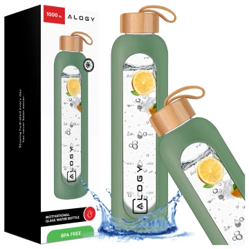 Große Glasflasche, Trinkflasche Alogy Motivational Messbecher 1l 1000ml, Silikonhülle Olive
