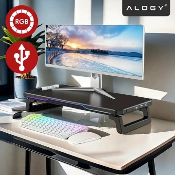 Podstawka pod monitor z lampką listwą świetlną RGB z wejściami HUB USB (3× USB-A, 1× USB-C) – biurkowa do Home Office, Gaming, poprawa ergonomii – Alogy MonitorStand™ Czarna