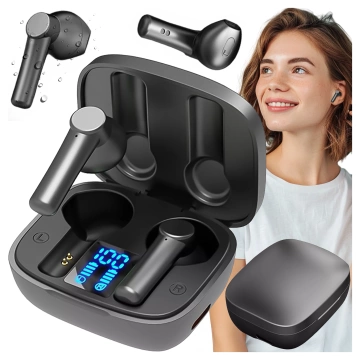 Alogy TWS Bluetooth 5.0 LED-Kopfhörer mit IPX5-Ladecase, Powerbank und USB-C-Anschluss, Schwarz