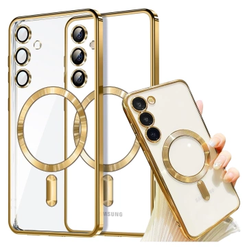 Etui do Samsung Galaxy S24 FE Alogy LuxeShield™️ Glamour Luxury Ring obudowa do MagSafe z osłoną aparatów Złote + szkło hartowane