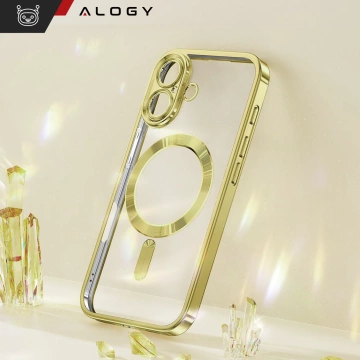 Etui Case MagSafe Case do iPhone 16 Plus Glamour Luxury obudowa Slim Ring Alogy złote przezroczyste + szkło hartowane
